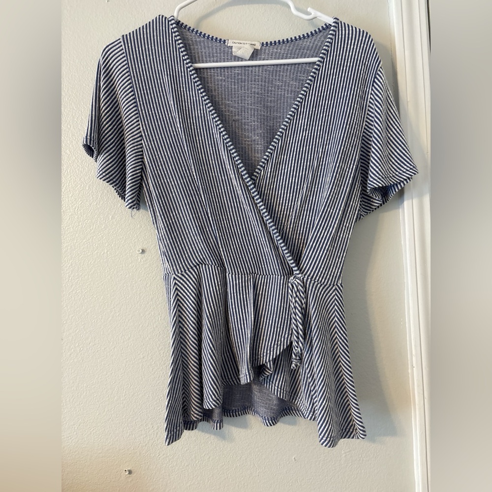 Caution To The Wind Navy & White Striped Wrap Peplum Top